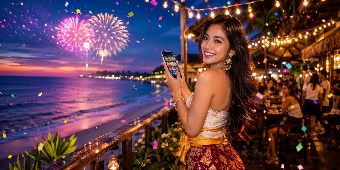 Pengguna bermain casino mobile di tepi pantai dengan suasana santai dan cerah