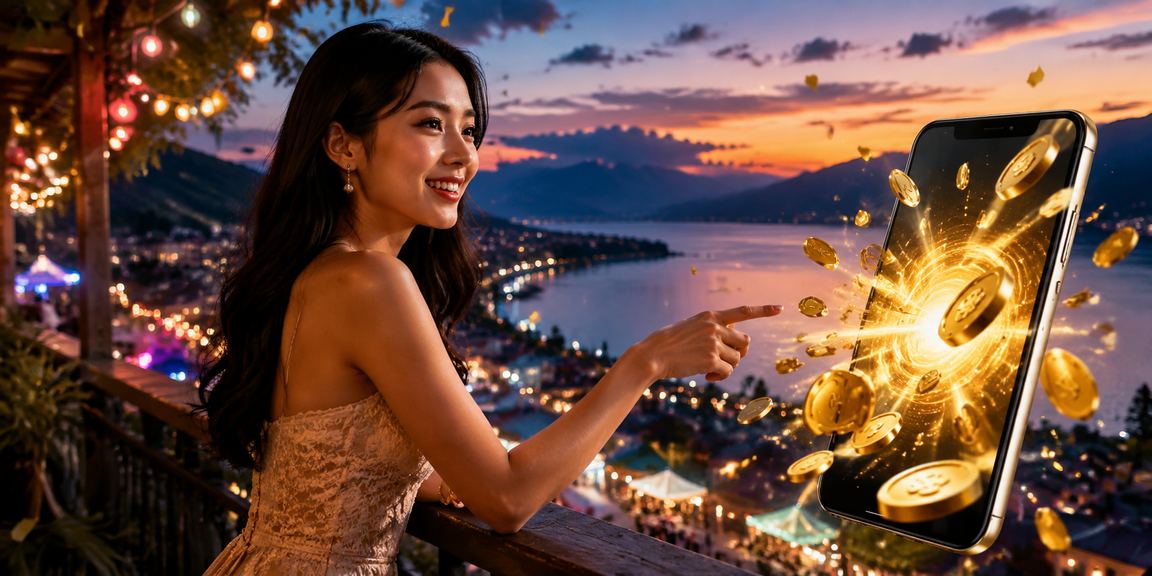 Suasana pasar malam Vietnam dengan pengguna bermain casino di perangkat mobile
