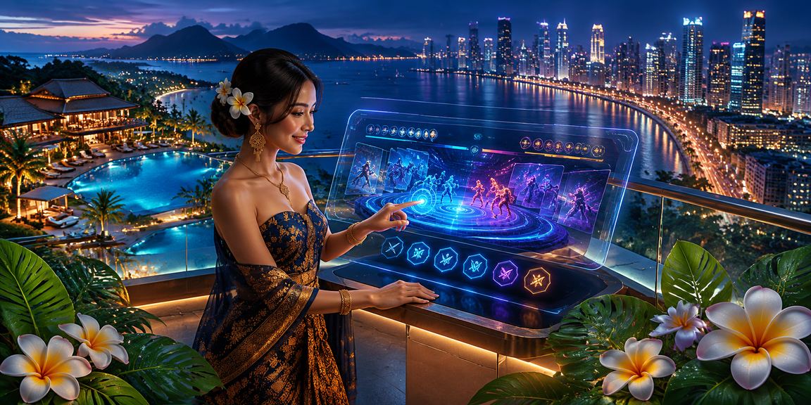 Suasana taruhan esports di tepi pantai Vietnam dengan layar monitor kompetitif