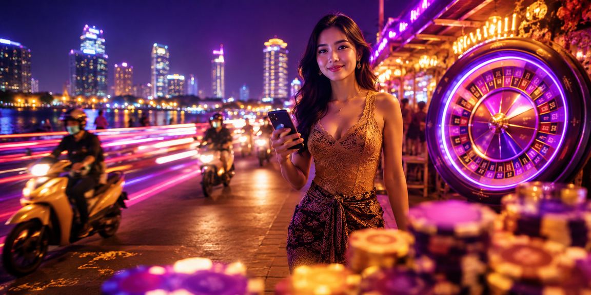 Meja roulette di pasar malam Vietnam yang ramai dengan permainan berlangsung