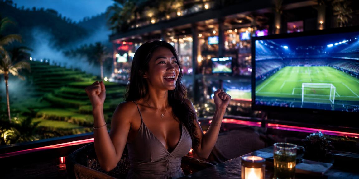 Layar taruhan olahraga neon di malam hari dengan tampilan odds sepak bola yang cerah